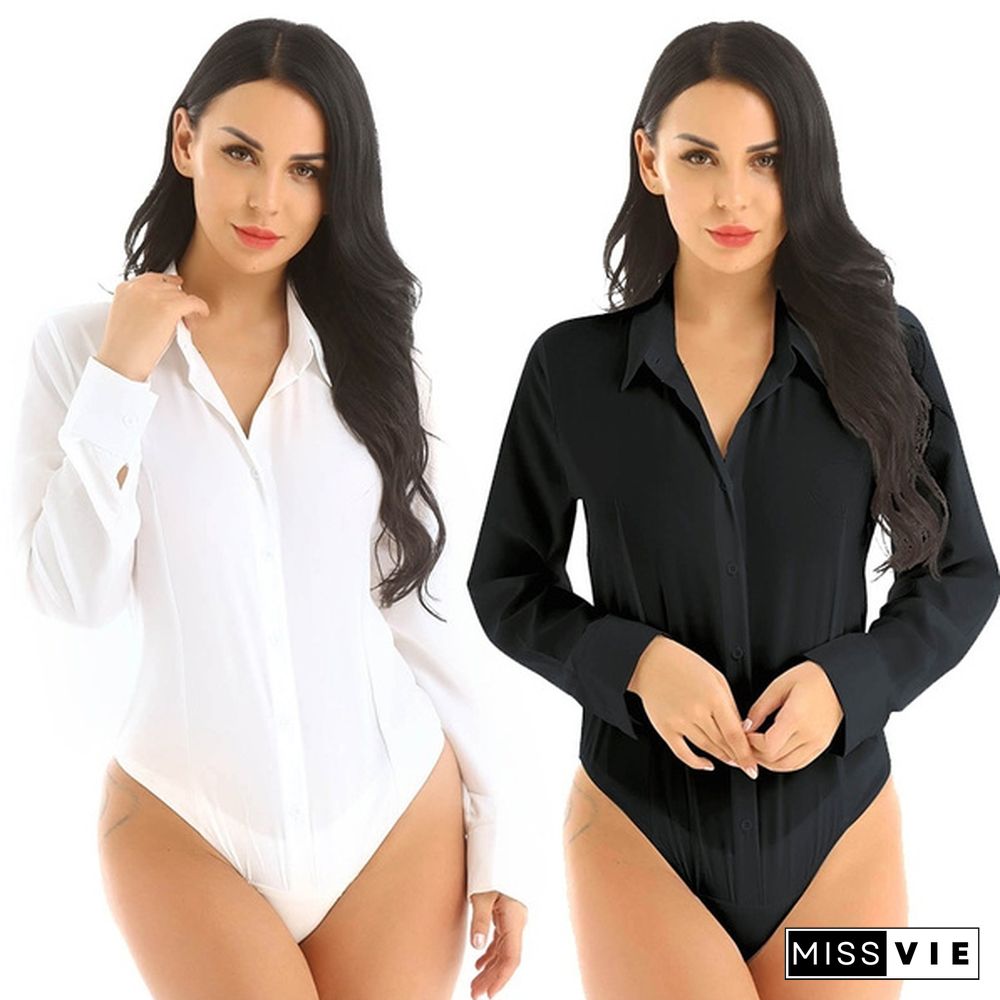 Sexy Women Bodycon Bodysuit Turn-down Collar Slim Soild Color Jumpsuit Romper Leotard Top T-shirt