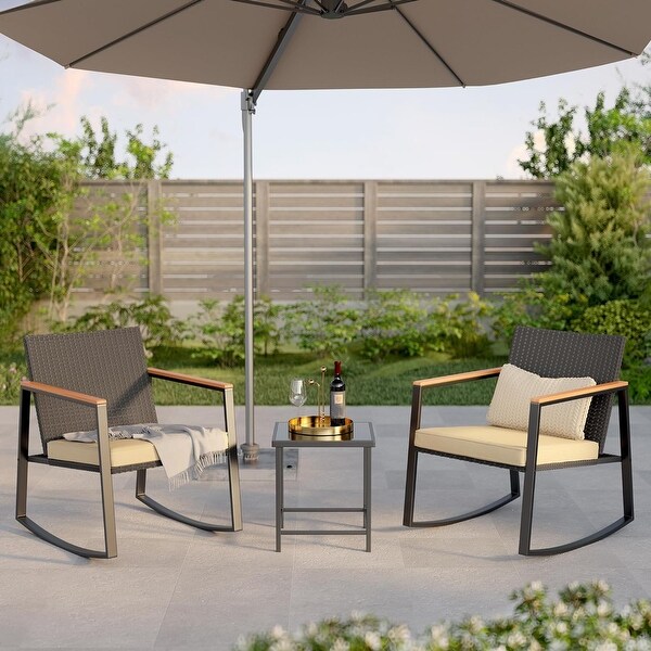 3 Piece Rocking Patio Bistro Set Wicker，Rocking Chair Pub Set with Glass Table