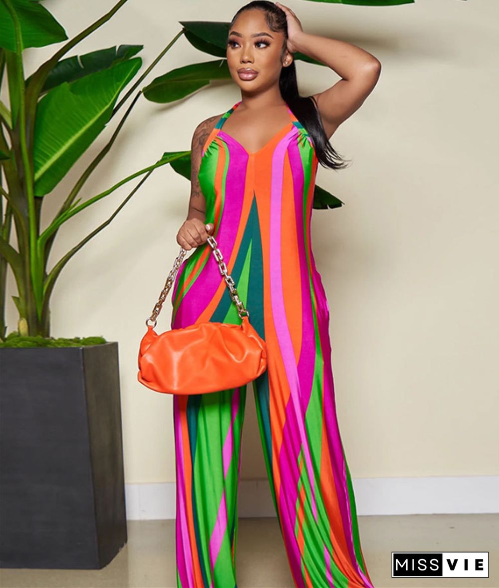 Striped Print Halter Backless Wide Leg Jumpsuit