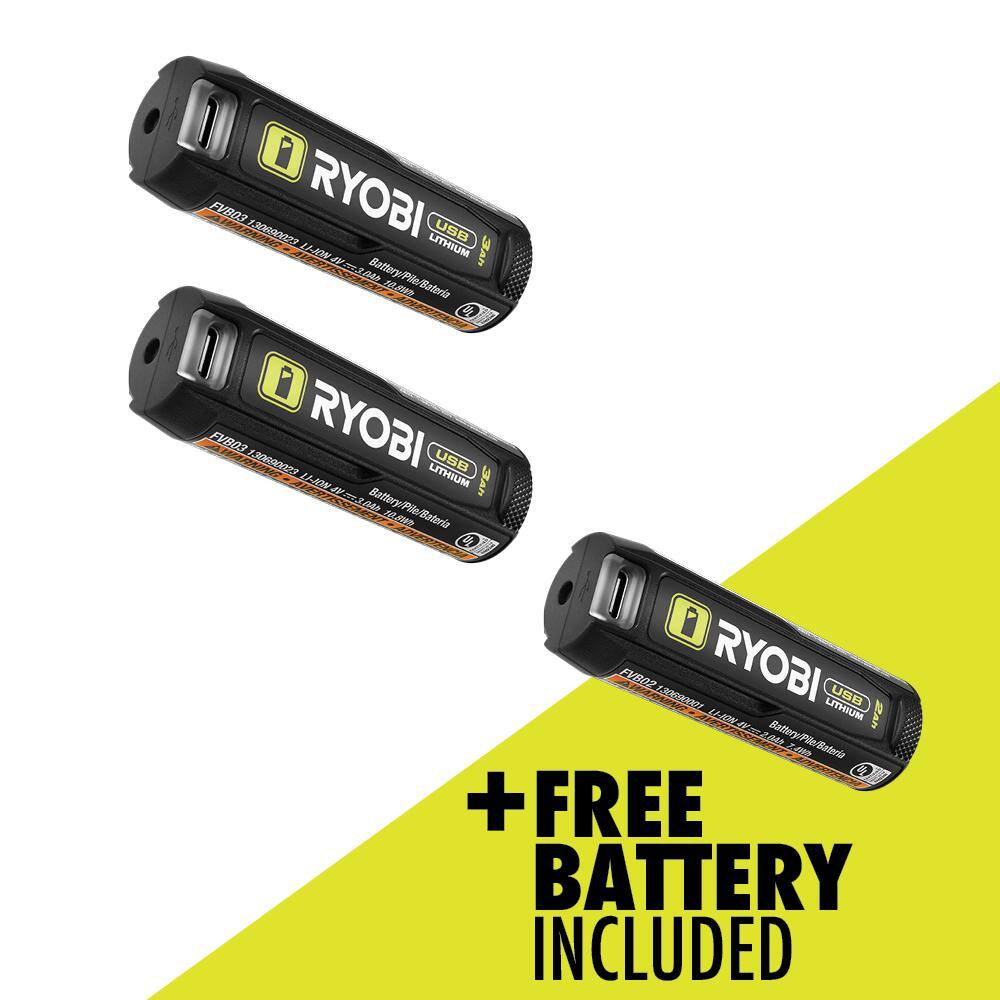 RYOBI USB Lithium 3.0 Ah Lithium-ion Rechargeable Battery (2-Pack) with FREE USB Lithium 2.0 Ah Lithium Rechargeable Battery FVB203-FVB02