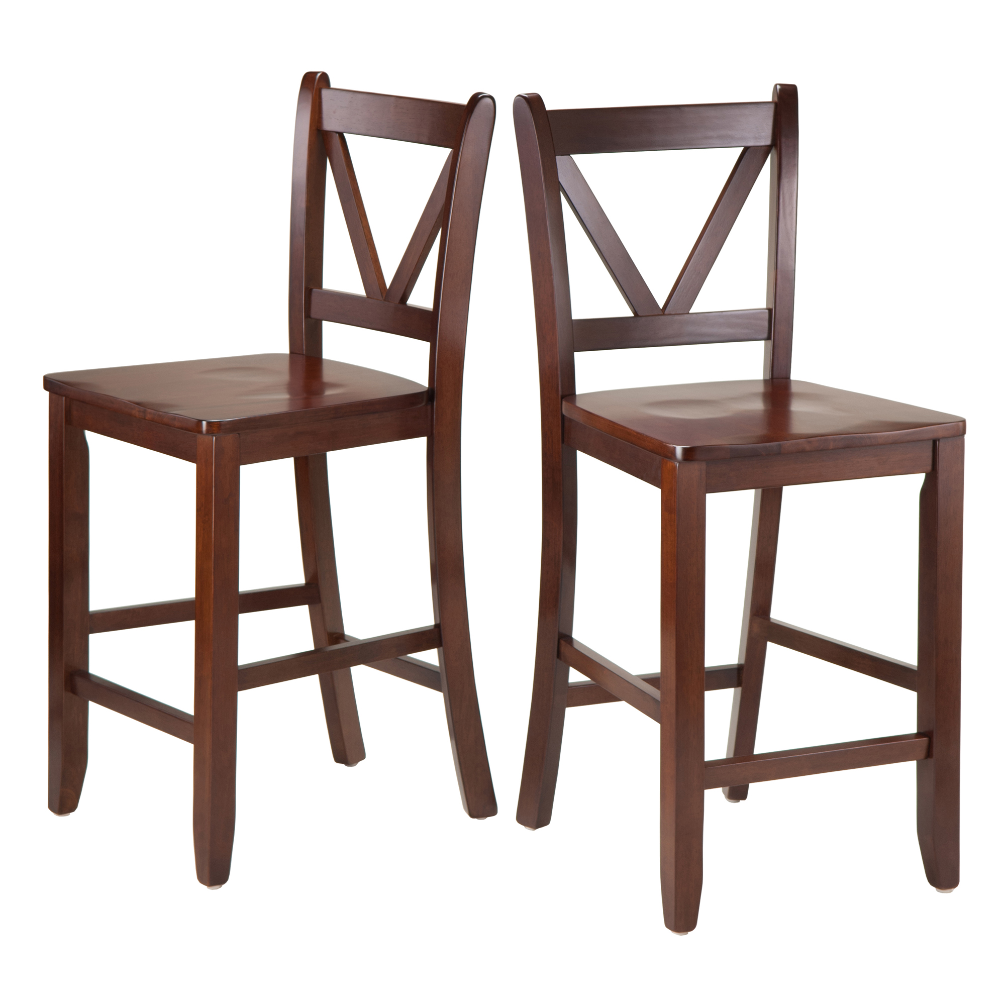 Winsome Wood Orlando 3-Pc Set， High Table with 2 Shelves and 2 V-Back Counter Stools， Walnut Finish