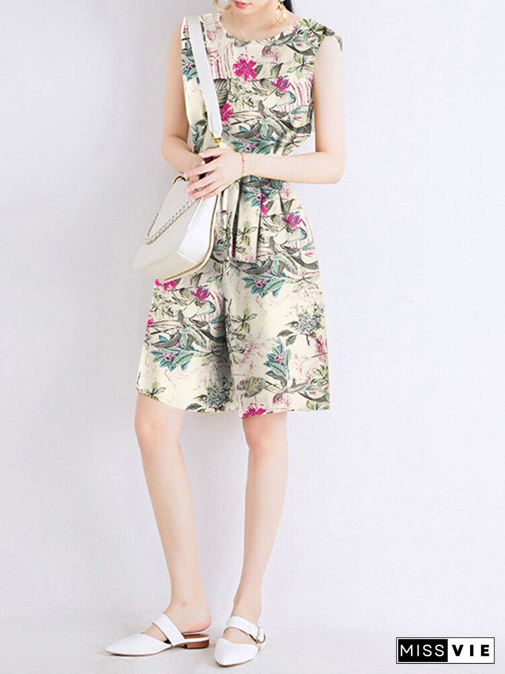 Random Flower Print Pocket Sleeveless Belt Wide Leg Romper