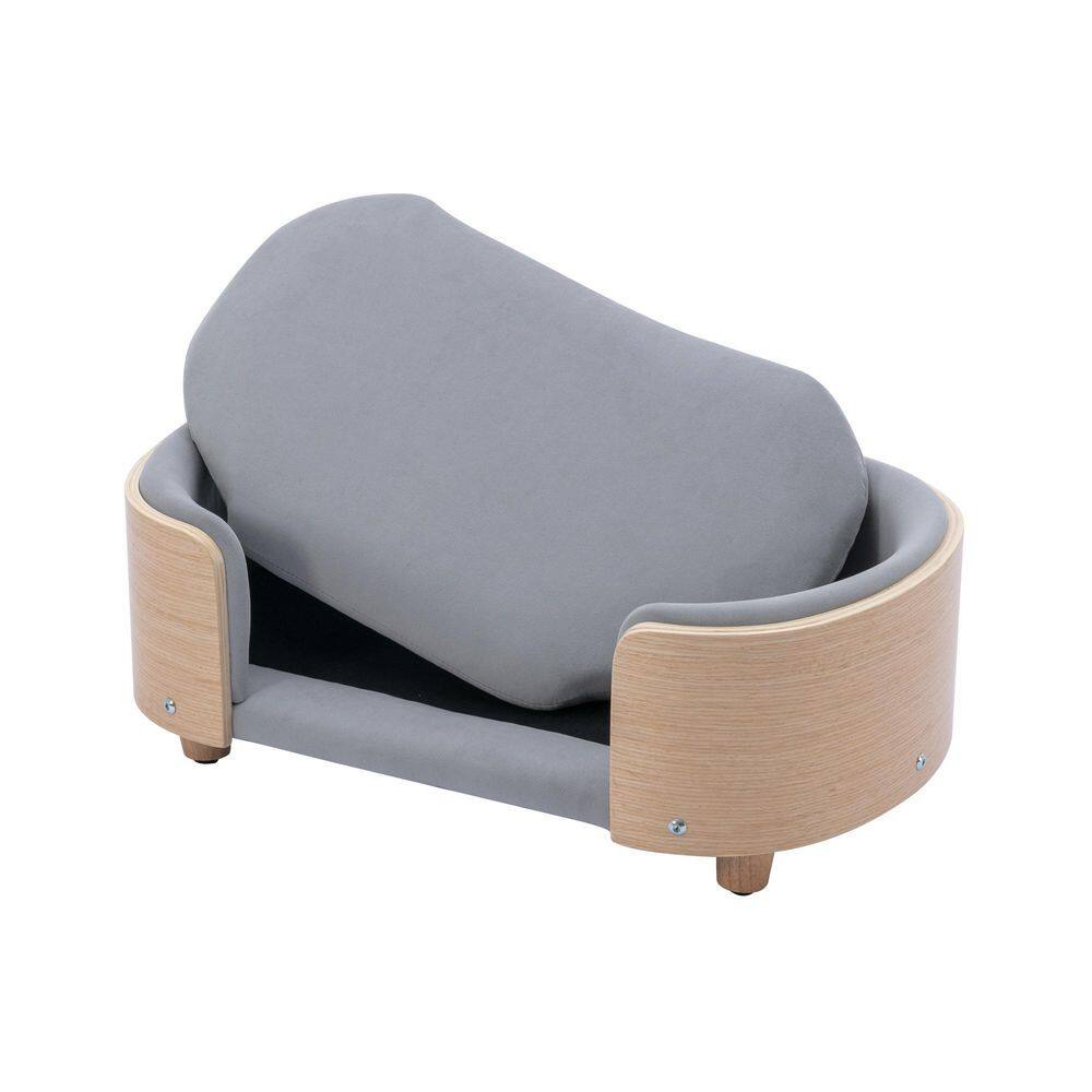 38.58 in. W Dog Bed Pet Sofa With Solid Wood Legs and Bent Wood Back Velvet Cushion Walnut in Light Gray DOGBED368KANS