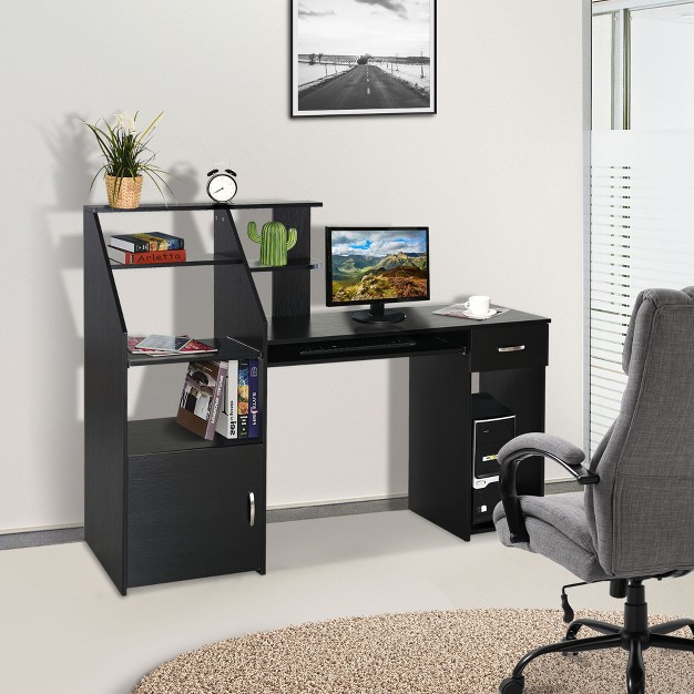 Homcom Computer Desk With Sliding Keyboard amp Storage Shelves Cabinet And Drawer Home Office Gaming Table Workstation Black Wood Grain