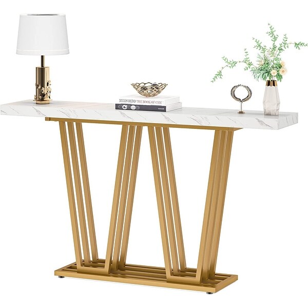 Faux Marble Wooden Console Table for Hallway， Entrance， White and Gold