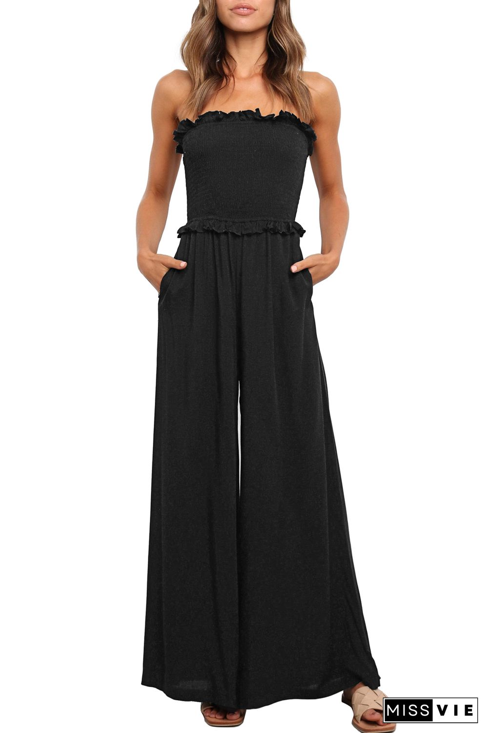 Black Smocked Bandeau Wide Leg Jumpsuit