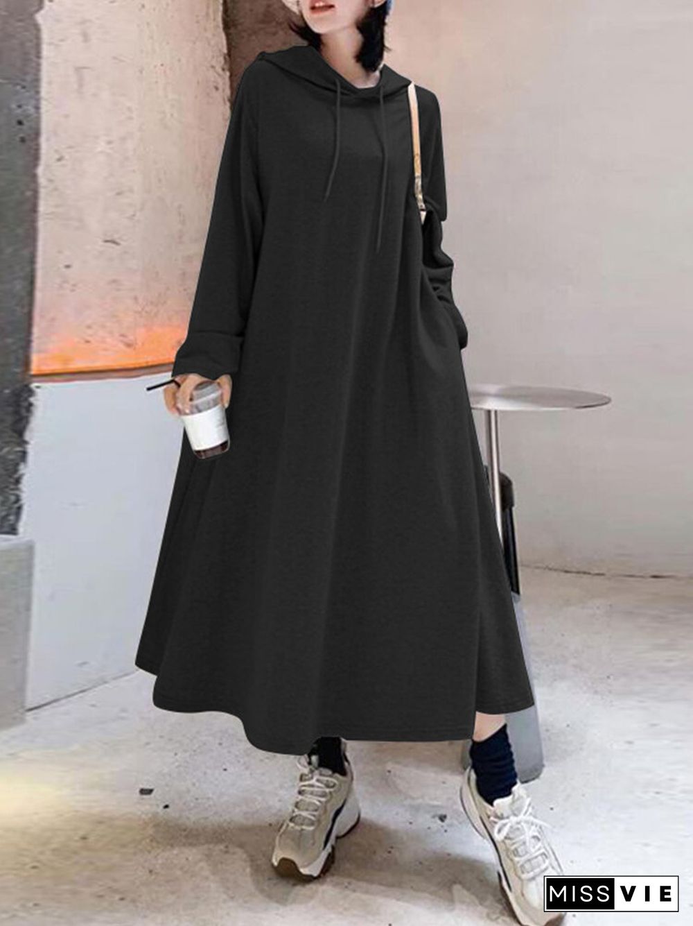 Solid Color Hooded Pockets Casual Loose Long Hoodie Dress