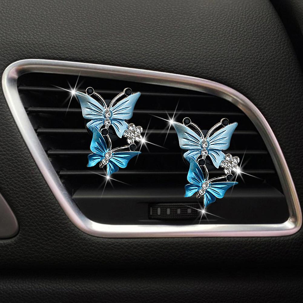 Air Vent Clip Charm Bling Crystal Air Freshener Dual Butterfly Shaped Rhinestone Oil Diffuser Clip Car Accessory For Women Auto Interior Decor Blue