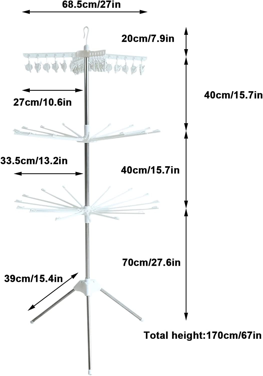 Miumaeov 3 Tier White Clothes Drying Rack 360 ° Rotatable Collapsible Stainless Laundry Dryer Hanger with Foldable Wings Garment Laundry Rack for Indoor/Outdoor 27x27x67 Inch