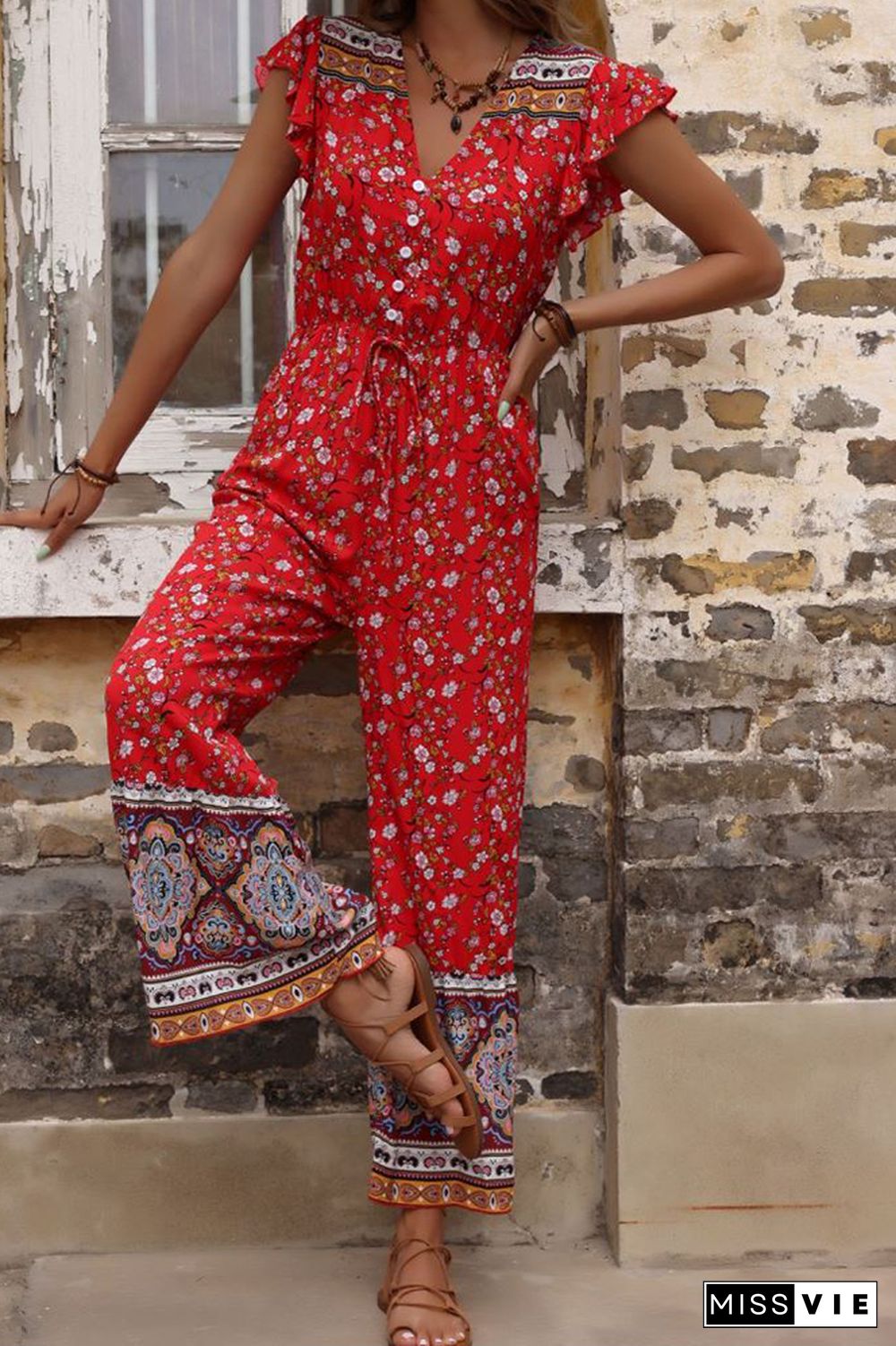 Red Flared Boho V Neck Ruffled Jumpsuit Wholesale