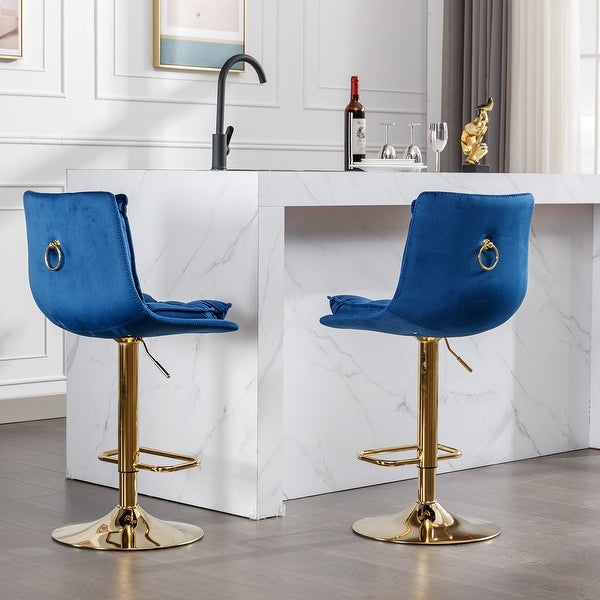 Set of 2 Bar Stools，with Chrome Footrest and Base Swivel Height Adjustable Mechanical Lifting Velvet and Golden Leg