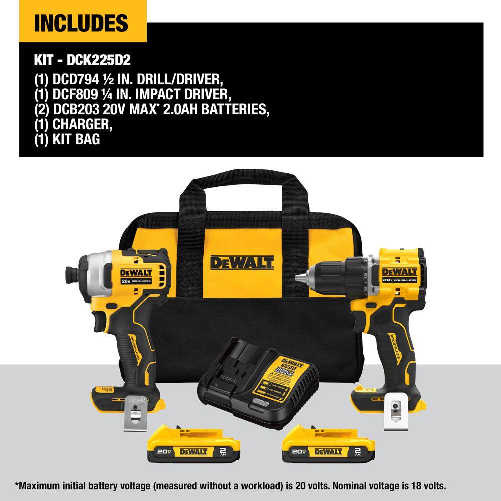 DEWALT DCK225D2 ATOMIC 20-Volt MAX Lithium-Ion Cordless Combo Kit (2-Tool) with (2) 2.0Ah Batteries， Charger and Bag