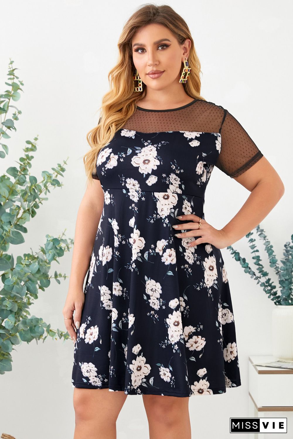 Plus size Floral Print Polka Dots Mesh Patch Mini Dress