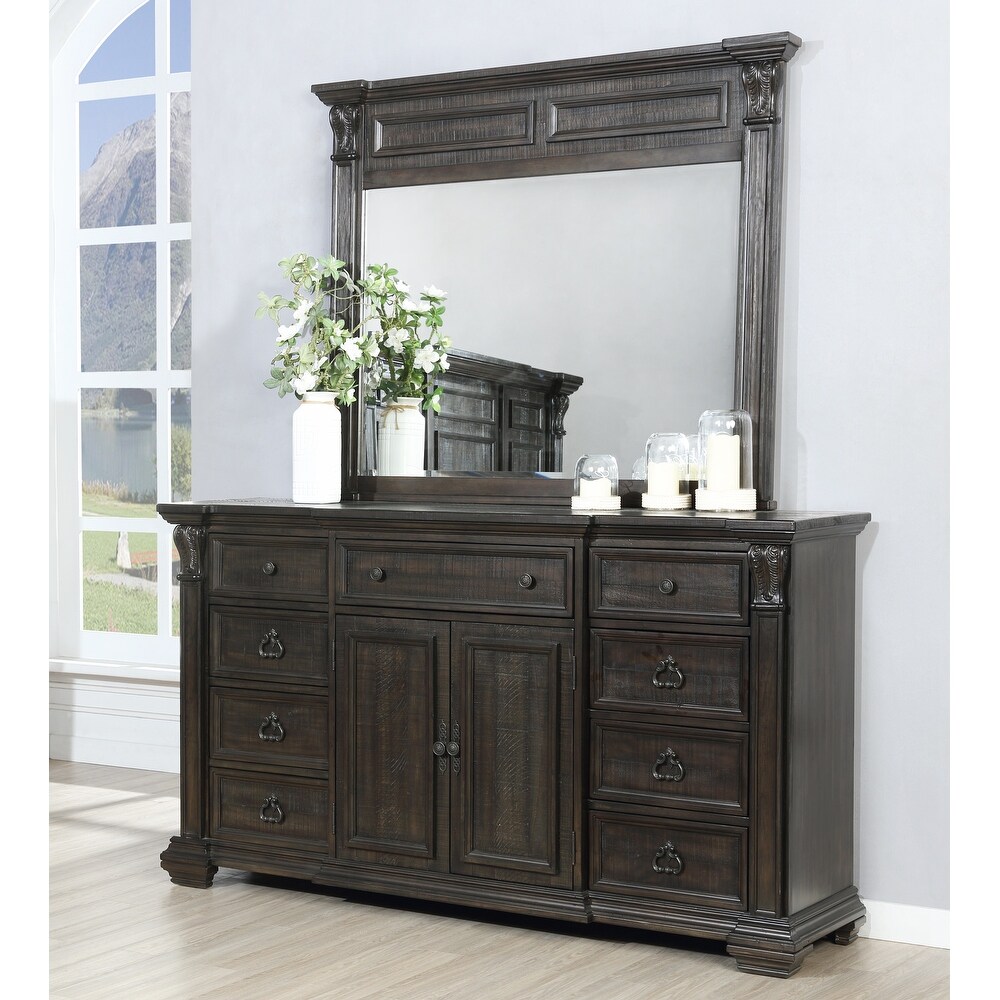 Roundhill Furniture Farson Distressed Dark Walnut Finish Wood Panel Bed  Dresser  Mirror  Two Nightstands