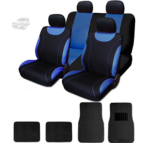 NEW 12 Pieces Flat Cloth Sleek Design Black and Blue Front and Rear Car Seat Covers Set with 4 Black Color Carpet Floor Mats Complete Set - Shipping Included