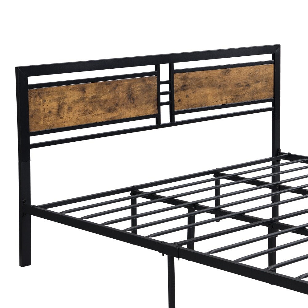 Metal Platform Bed Frame with Wood Headboard and Footboard