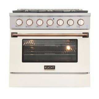 Kucht Custom KNG 36 in. 5.2 cu. ft. Natural Gas Range with Convection Oven in White with White Knobs and Gold Handle KNG361-W-GOLD