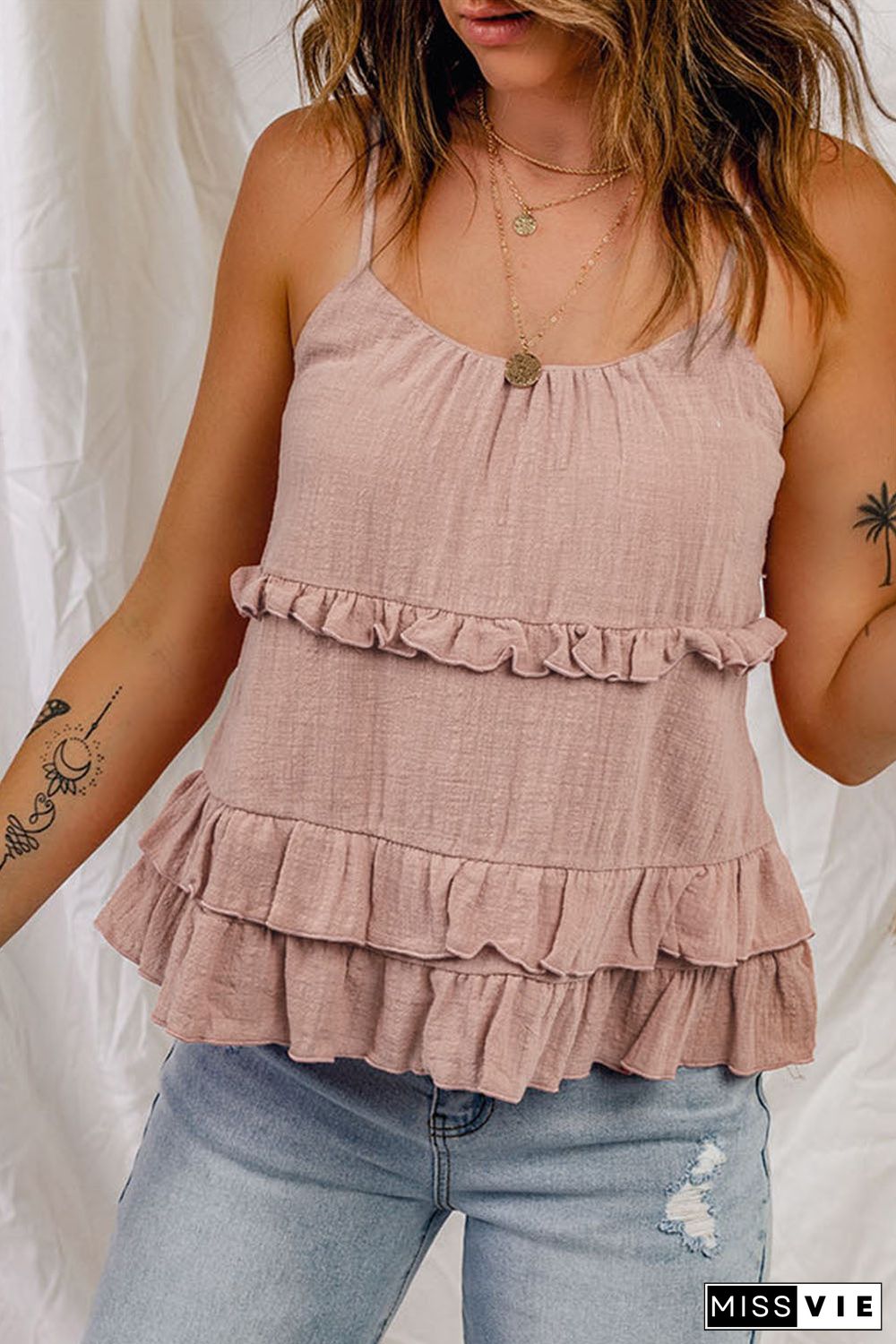 Pink Tiered Ruffled Spaghetti Straps Tank Top