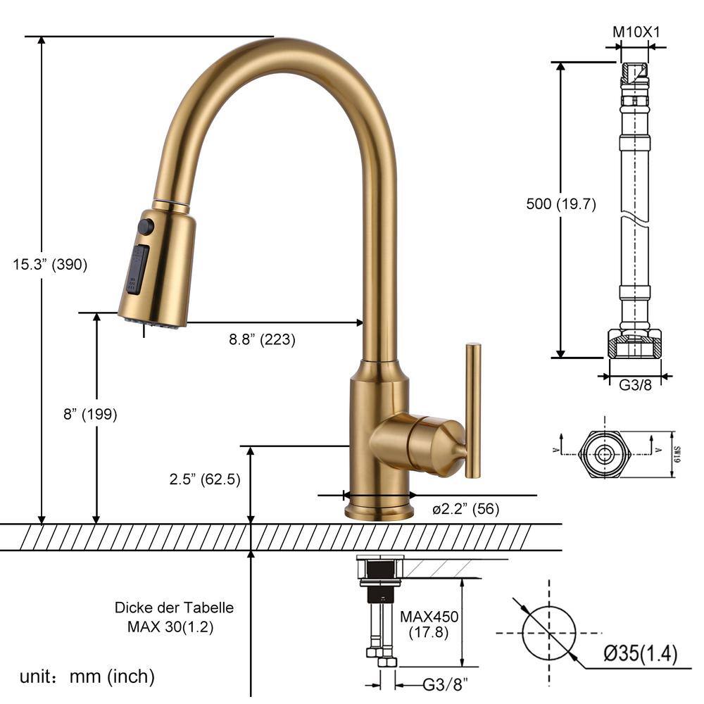 WOWOW Single-Handle Wall Mount Gooseneck Pull Down Sprayer Kitchen Faucet with Deckplate Included in Brushed Gold 2312701G-AMUS