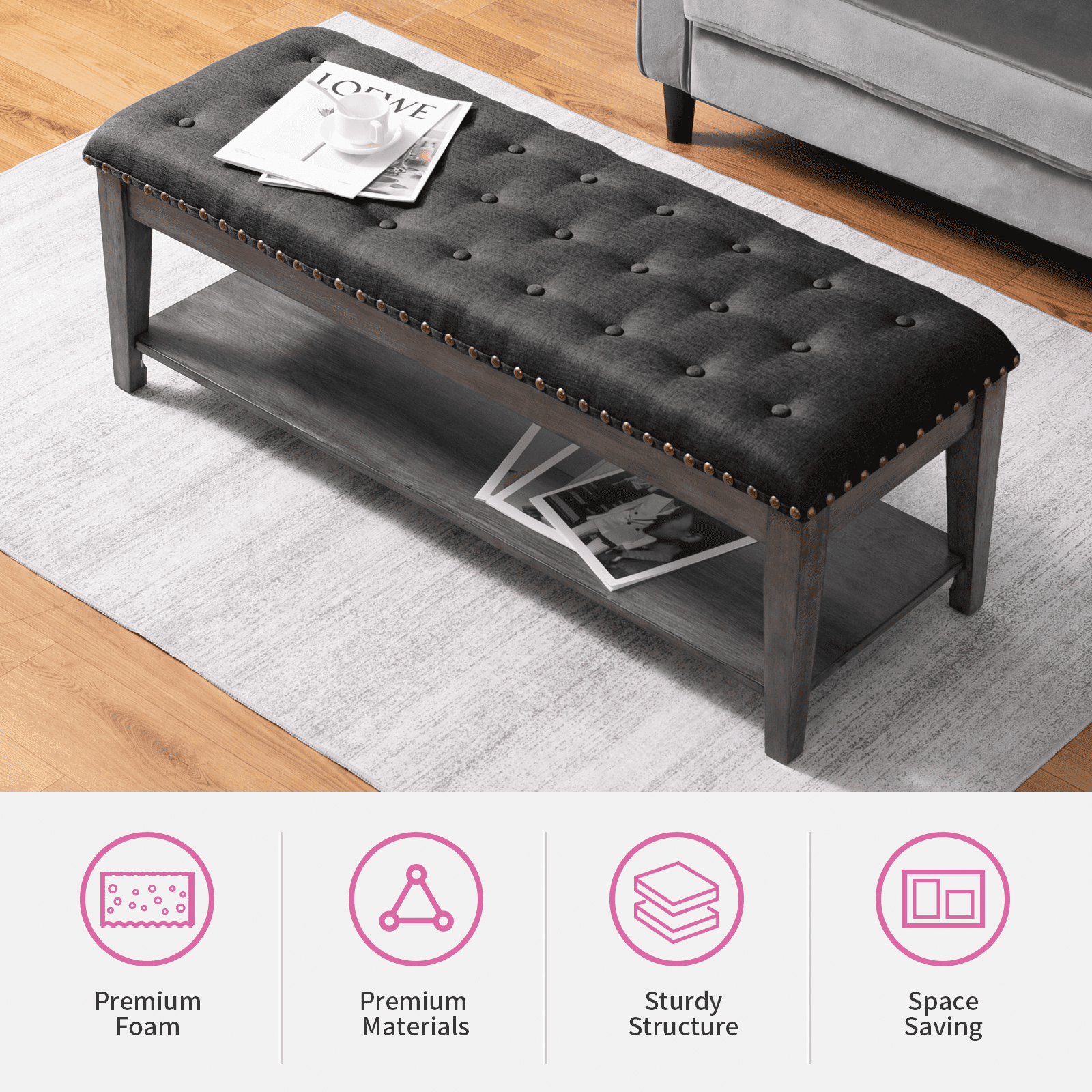 MUZZ Large Rectangular Upholstered Bench, Tufted Linen Ottoman Storage Benches with Solid Wood, Bed Bench with Storage Shelf, Entryway Bench for Bedroom/Living Room/Apartment (Dark Grey)