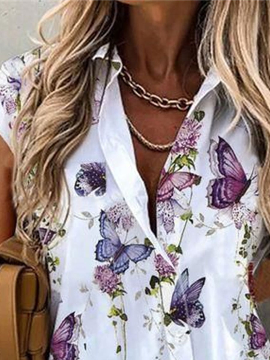 Casual Loose Butterfly Print Short Sleeve Blouse