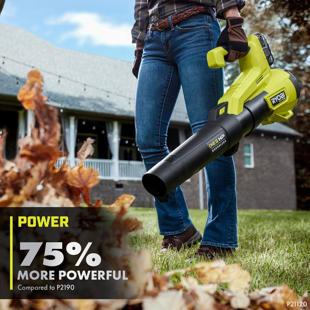 RYOBI ONE+ HP 18V Brushless 110 MPH 350 CFM Cordless Variable-Speed Jet Fan Leaf Blower w(2) 4.0 Ah Battery and (2) Charger P21120-BK