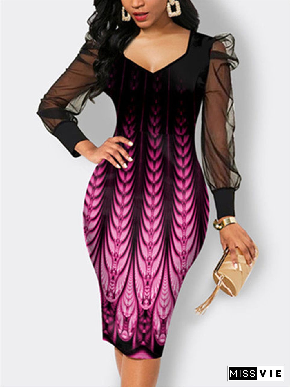 Women's Long Sleeve Graphic Stitching Midi Dress