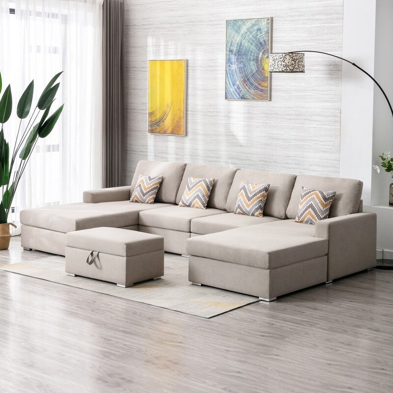 Nolan Linen Fabric 5Pc Double Chaise Sectional Sofa with Interchangeable Legs  Storage Ottoman  and Pillows