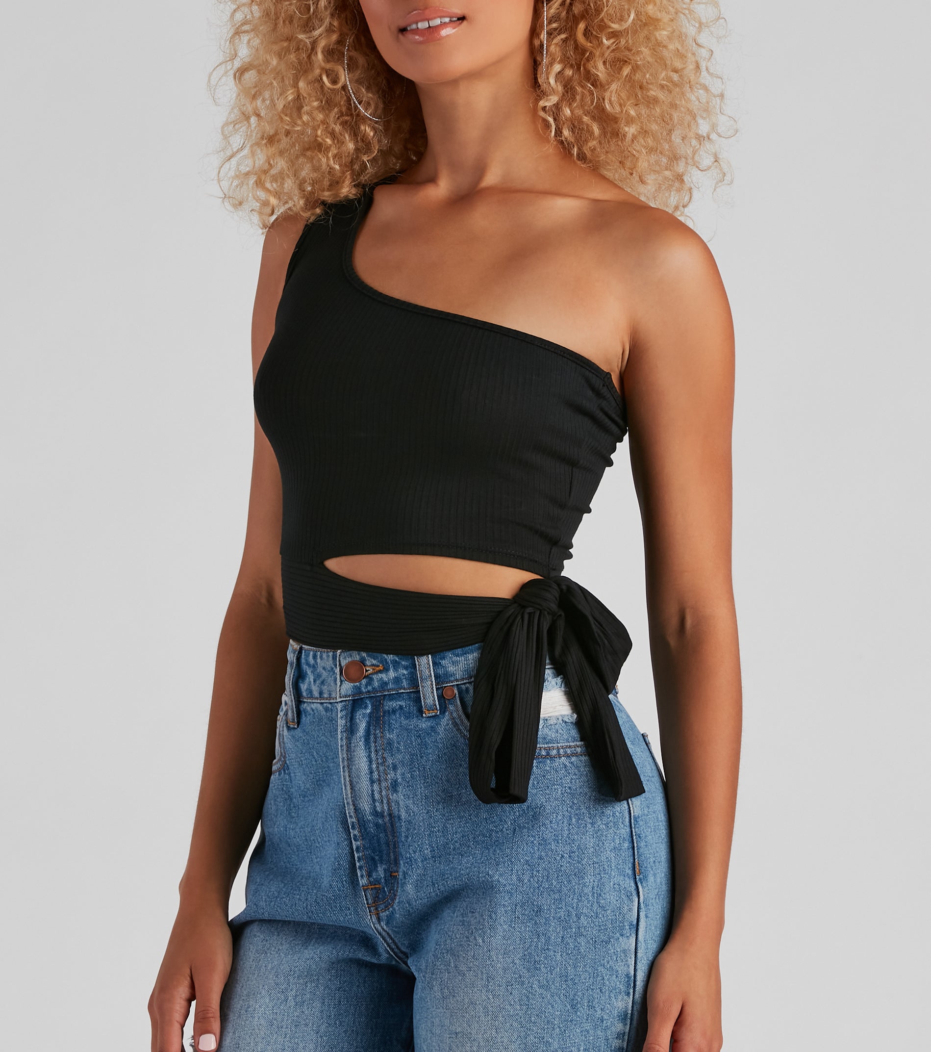 One Shoulder Tie Waist Crop Top