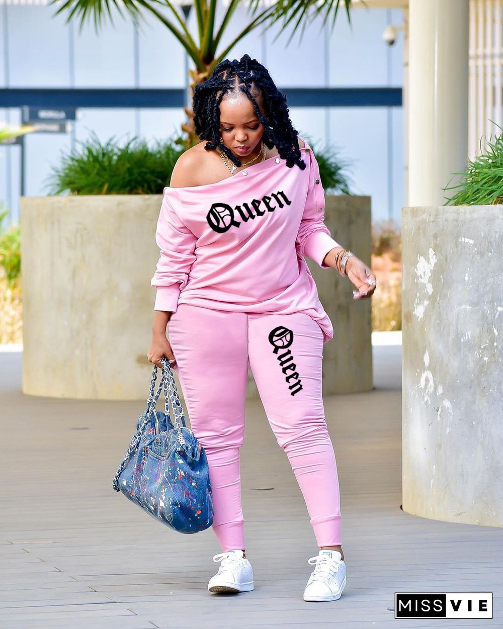 Letter Off Shoulder T-shirt Jogger Pants Tracksuit