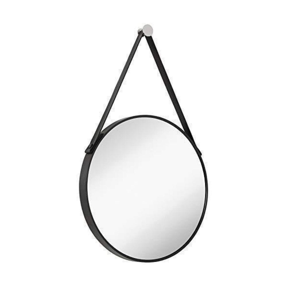 Hanging Black Leather Strap Metal Circular Wall Mirror with Chrome Accents (24