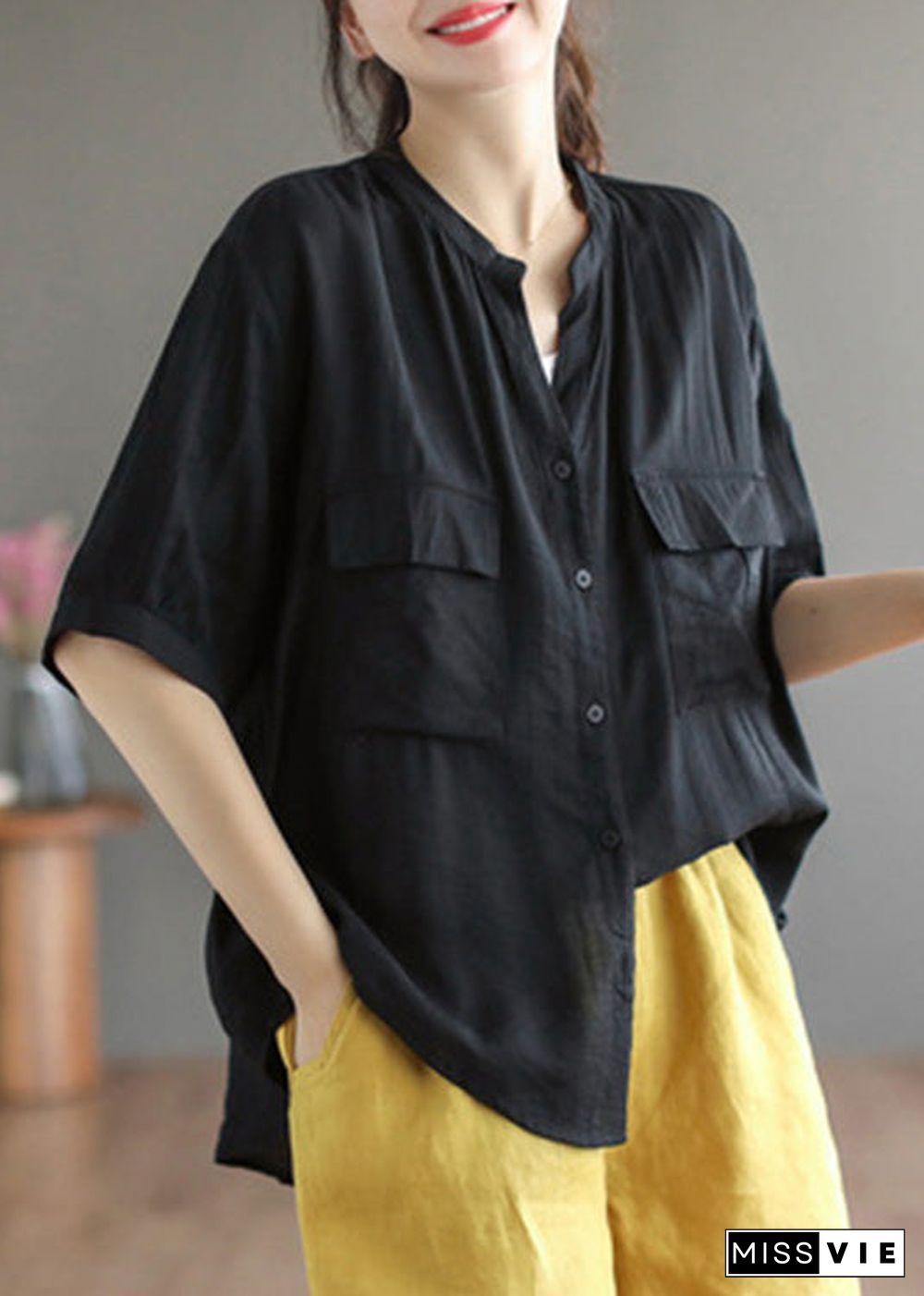 Italian Yellow V Neck Patchwork Button Solid Cotton Shirt Short Sleeve