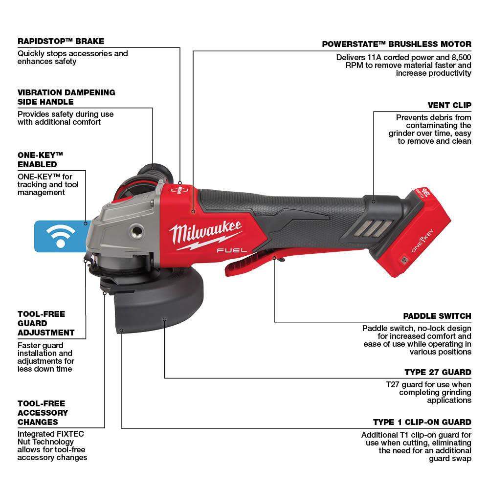 Milwaukee M18 FUEL 4 1/2 / 5 Braking Grinder with ONE KEY Paddle Switch No Lock Bare Tool ;