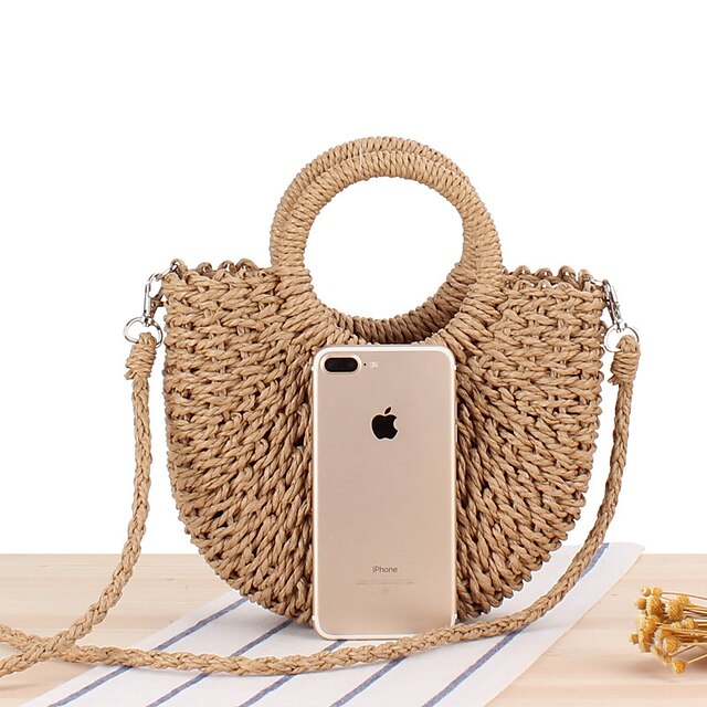 Women's Handbag Crossbody Bag Straw Bag Straw Holiday Beach Large Capacity Breathable Solid Color Folk off white khaki