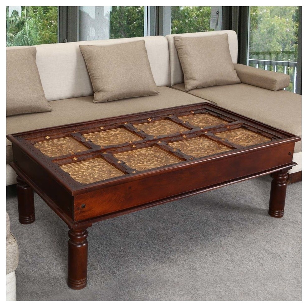 Bloomer Traditional Handcrafted Brass and Mango Wood Coffee Table   Traditional   Coffee Tables   by Sierra Living Concepts Inc  Houzz