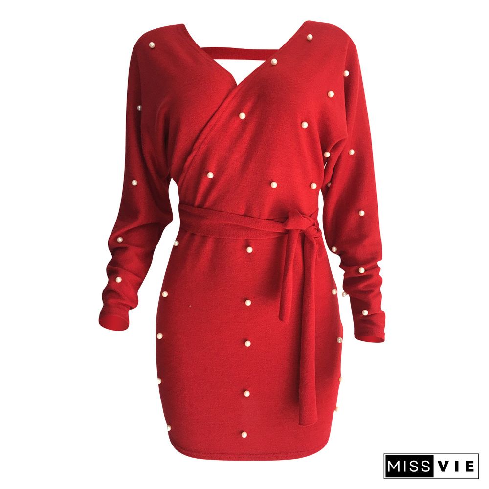 Winter Beaded Long Sleeve Irregular Package Hip Sweater Dress