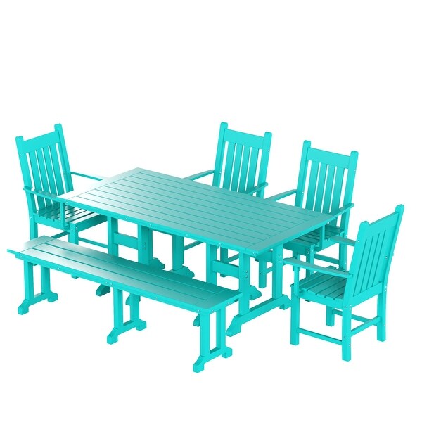 Polytrends Laguna Hdpe All Weather Outdoor Patio Dining Set with Rectangle Table，Arm Chairs and Bench (6Piece Set)