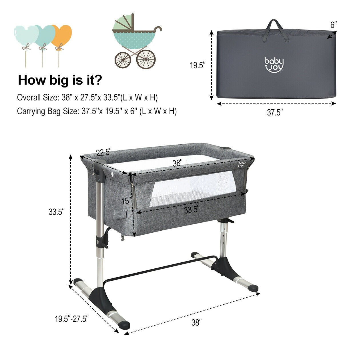 BABY JOY Baby Bedside Crib, Portable Travel Sleeper Bed Side Bassinet w/Carrying Bag