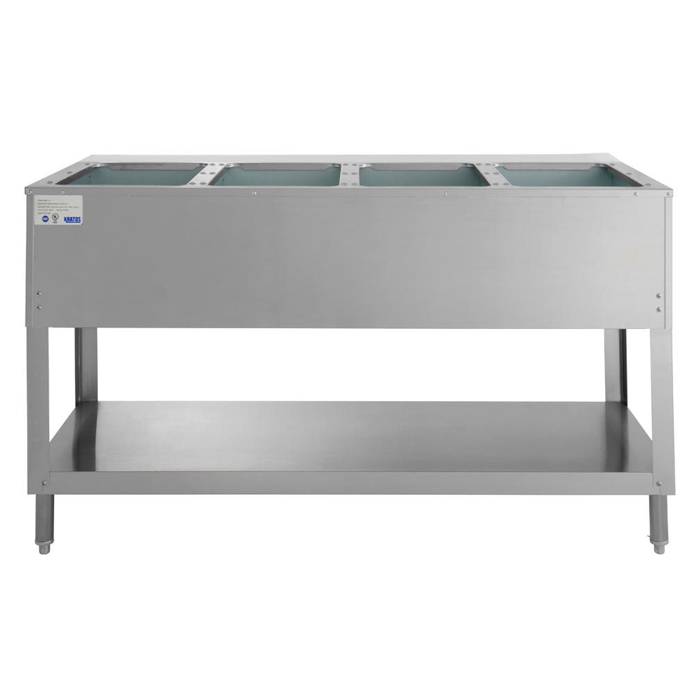 Kratos 28W-111 Stationary Four Pan Open Well Electric Steam Table with Undershelf， 120V， 2000W