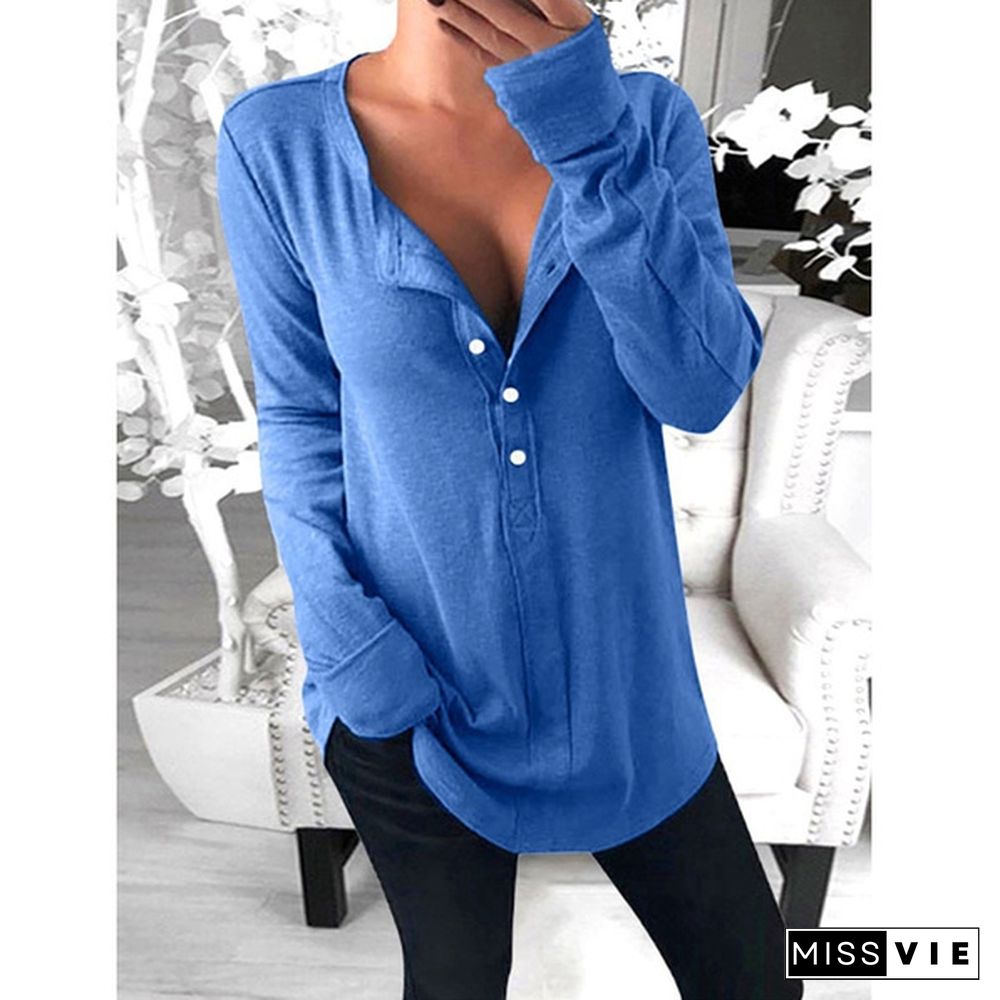 XS-8XL Plus Size Fashion Clothes Women's Autumn and Winter Tops Solid Color Casual Long Sleeve Pullover Sweatshirts V-neck Button Up Loose T-shirts Ladies Solid Color Cotton T-shirts