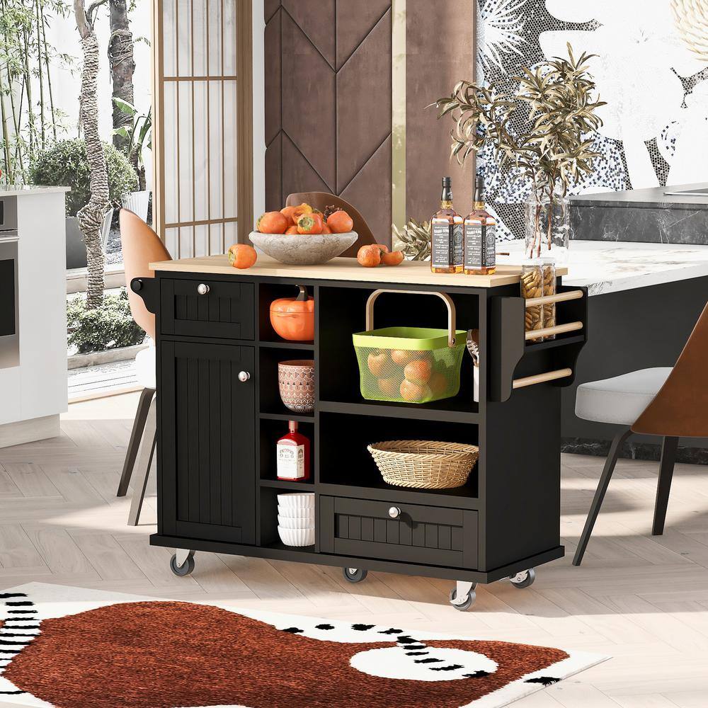 Runesay Black Kitchen Island Cart Wood Desktop Storage Cabinet and 2-Locking Wheels with Towel Holder KIBK-1133