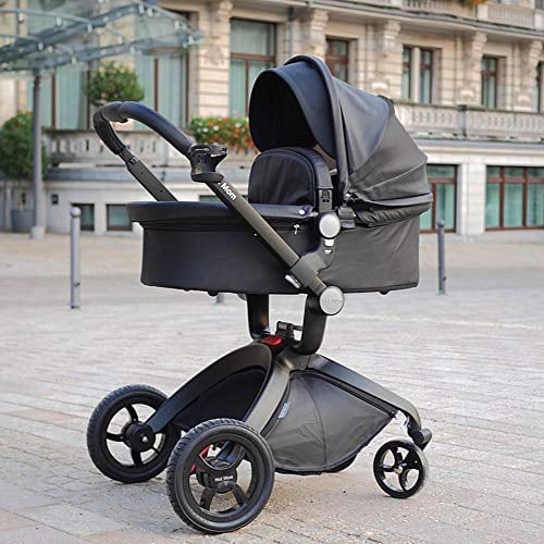 Hot Mom Baby Stroller with Adjustable Seat Height,Reversible Luxury PU Leather Travel System,Black