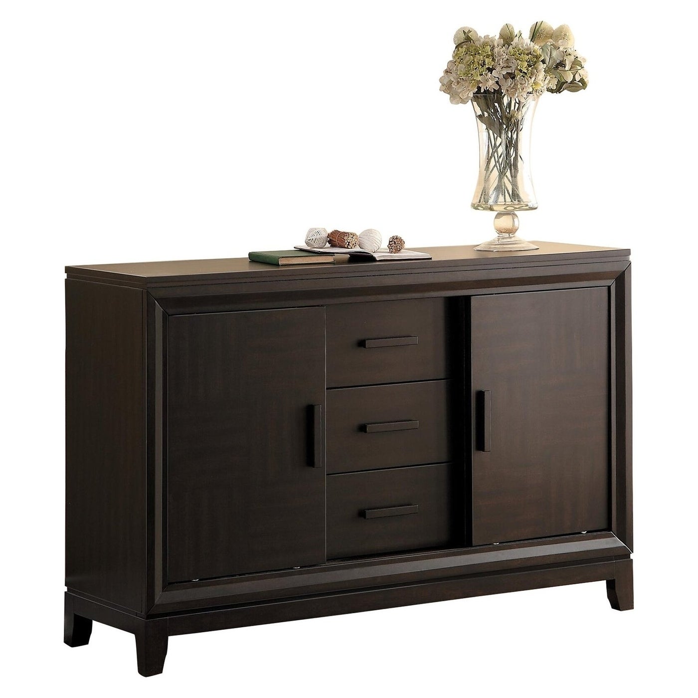 Wooden Server Buffet with Sliding Doors， Dark Brown