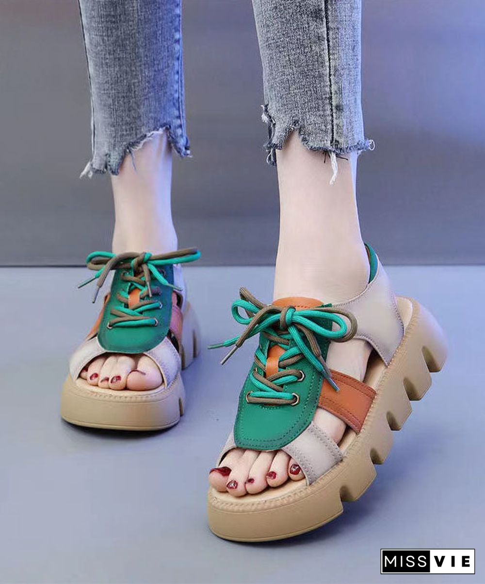 Colorblock Peep Toe Lace Up Splicing Casual Platform Sandals