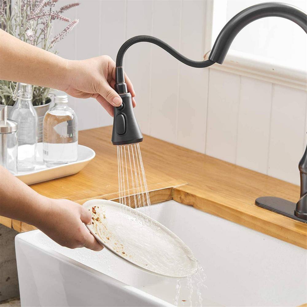 FLG Single-Handle Deck Mount Gooseneck Pull Down Kitchen Faucet with Sprayer and Deckplate Included in Oil Rubbed Bronze LE-0017-ORB