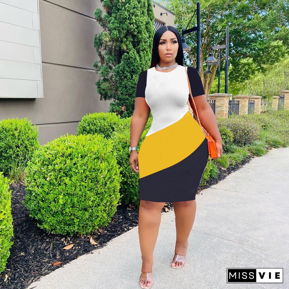 Color Block Short Sleeve Plus Size Pencil Dresses