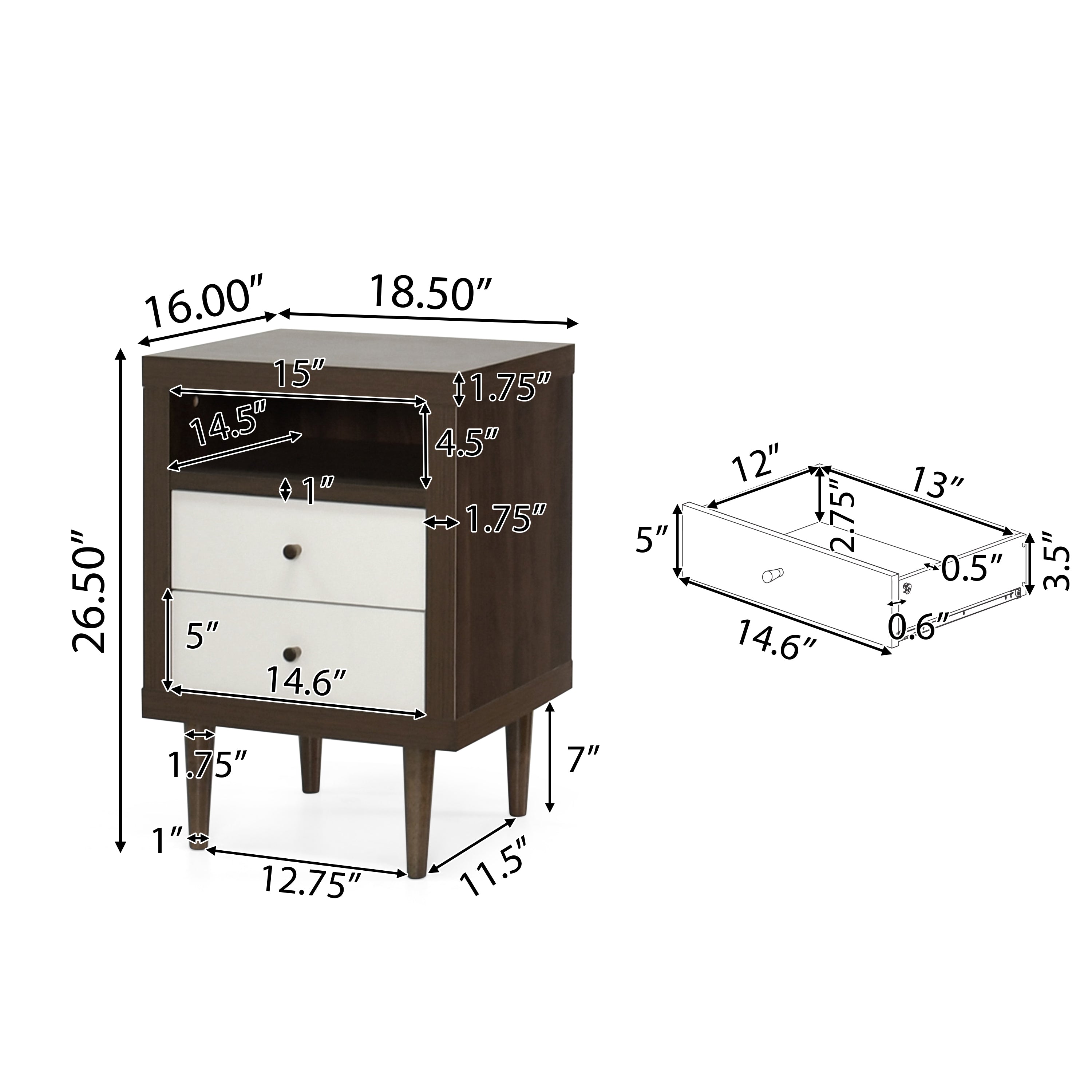 Farhart Mid Century Modern Faux Wood 2 Drawer Nightstand