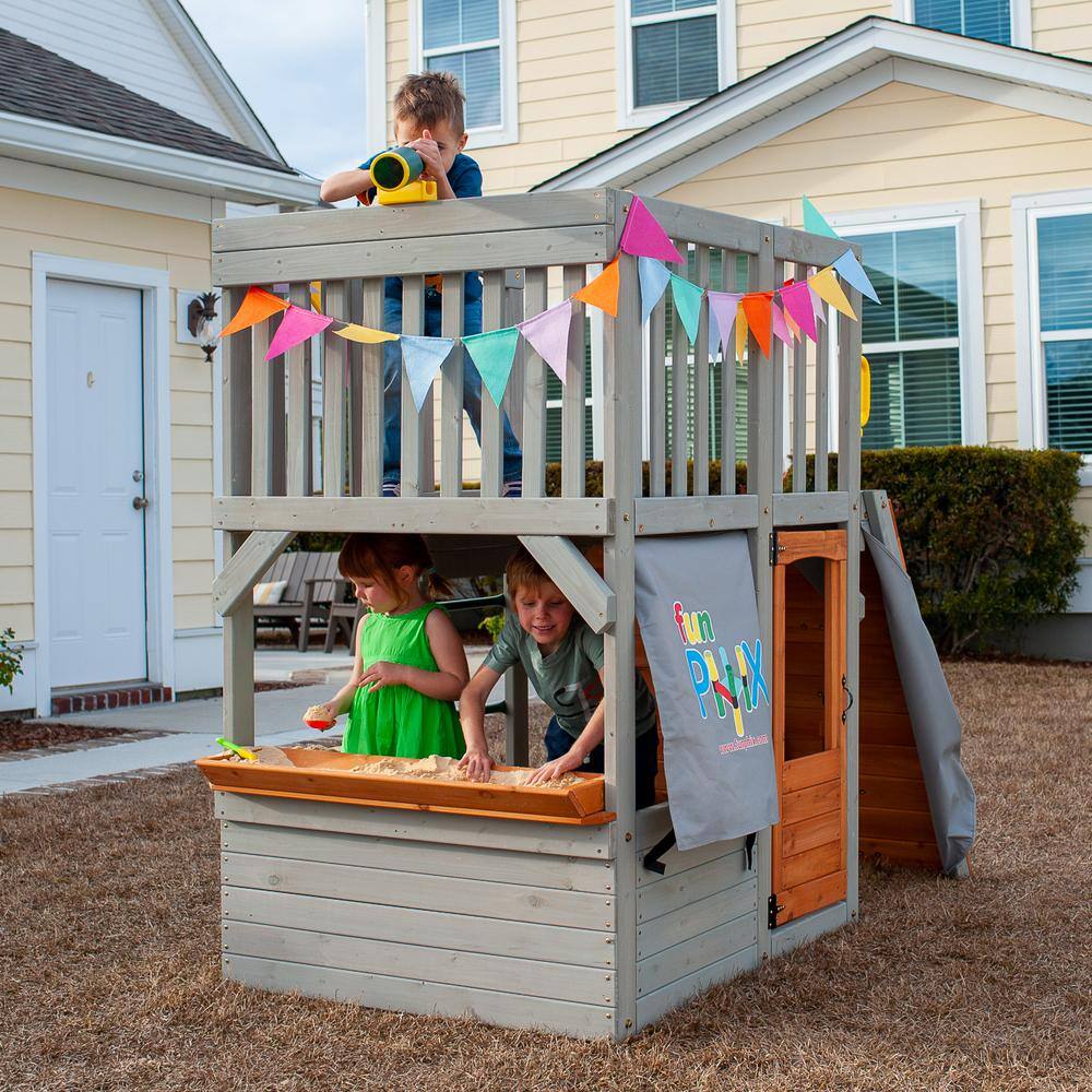 Funphix Lookout Post Outdoor Wooden Playhouse Buildable Kids Backyard Playset with Climbing Ramp WPHX-2202