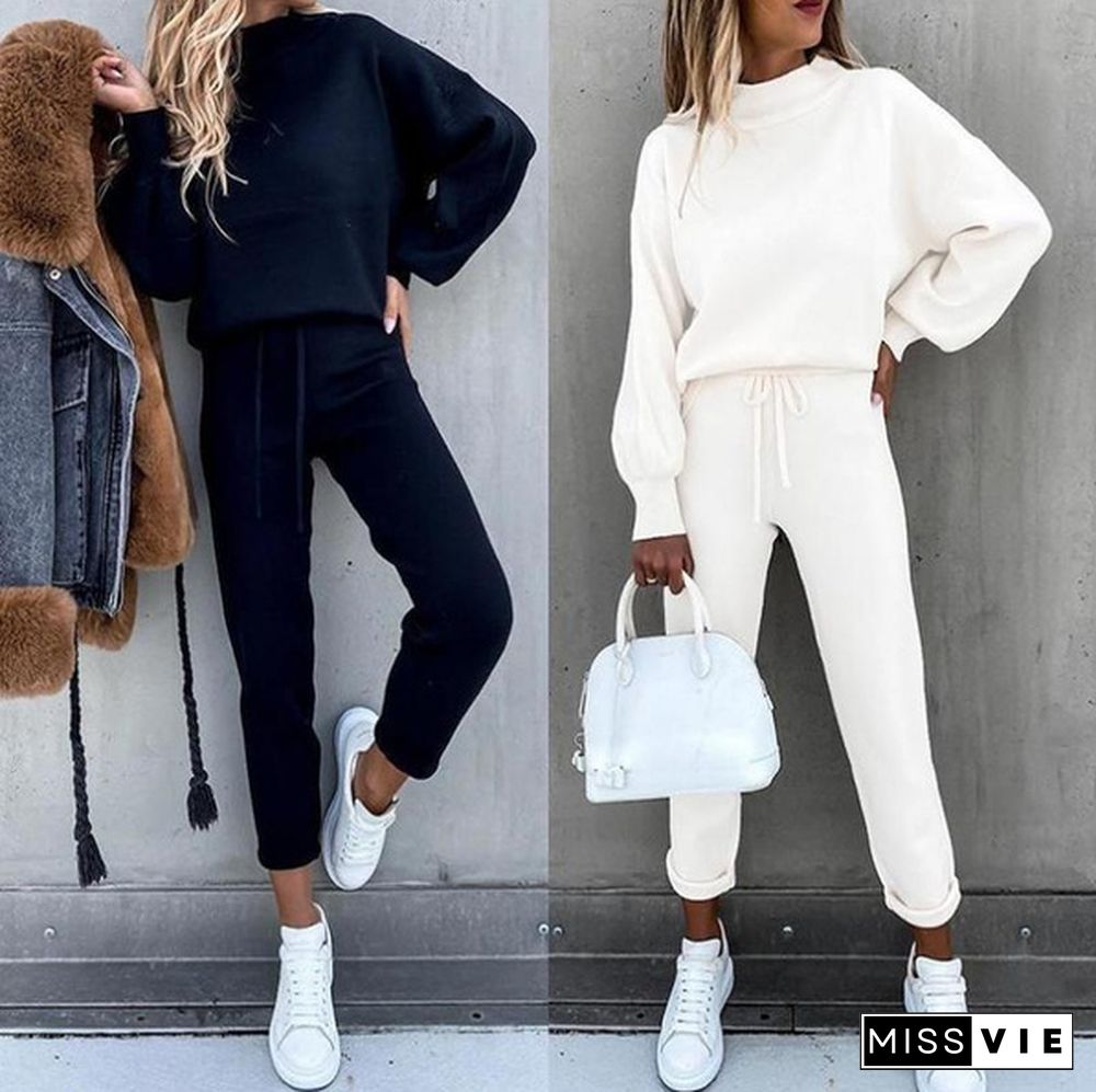 Women's Solid Color Turtleneck Sweatshirt With Drawstring Pants Casual Long Sleeve Pullover Sports Set Two Piece Outfit Plus Size Xxs-5Xl