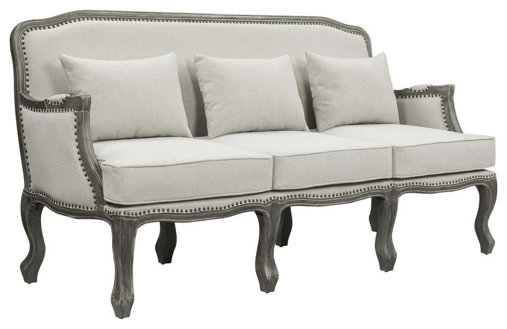 Acme Tania Sofa With 3 Pillows Cream Linen and Brown Finish   French Country   Sofas   by Acme Furniture  Houzz